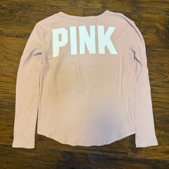 PINK Victoria's Secret Tops - VS PINK Light Pink Waffle Knit Spellout Tee XS Coquette Soft Girl Loungewear Y2K